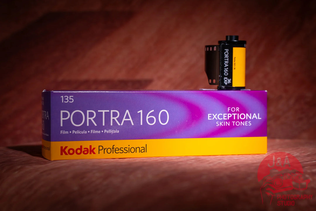 High-quality product photo of Kodak Portra 160 35mm film roll, professional colour negative film ideal for portraits, fine grain, and natural skin tones, 5 rolls