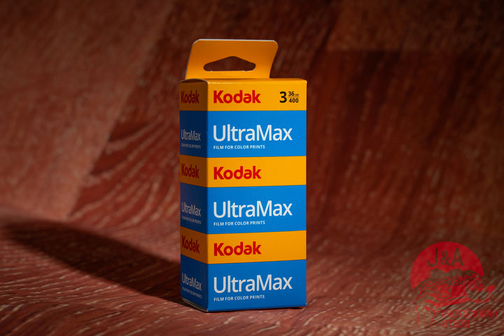 High-quality product image of Kodak Ultramax 400 35mm film roll, Kodak 400 Ultra Max colour negative film ideal for vibrant tones, fine grain, and everyday photography, 3 rolls