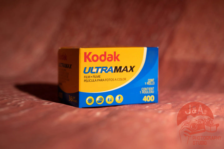 High-quality product image of Kodak Ultramax 400 35mm film roll, Kodak 400 Ultra Max colour negative film ideal for vibrant tones, fine grain, and everyday photography, 24exp