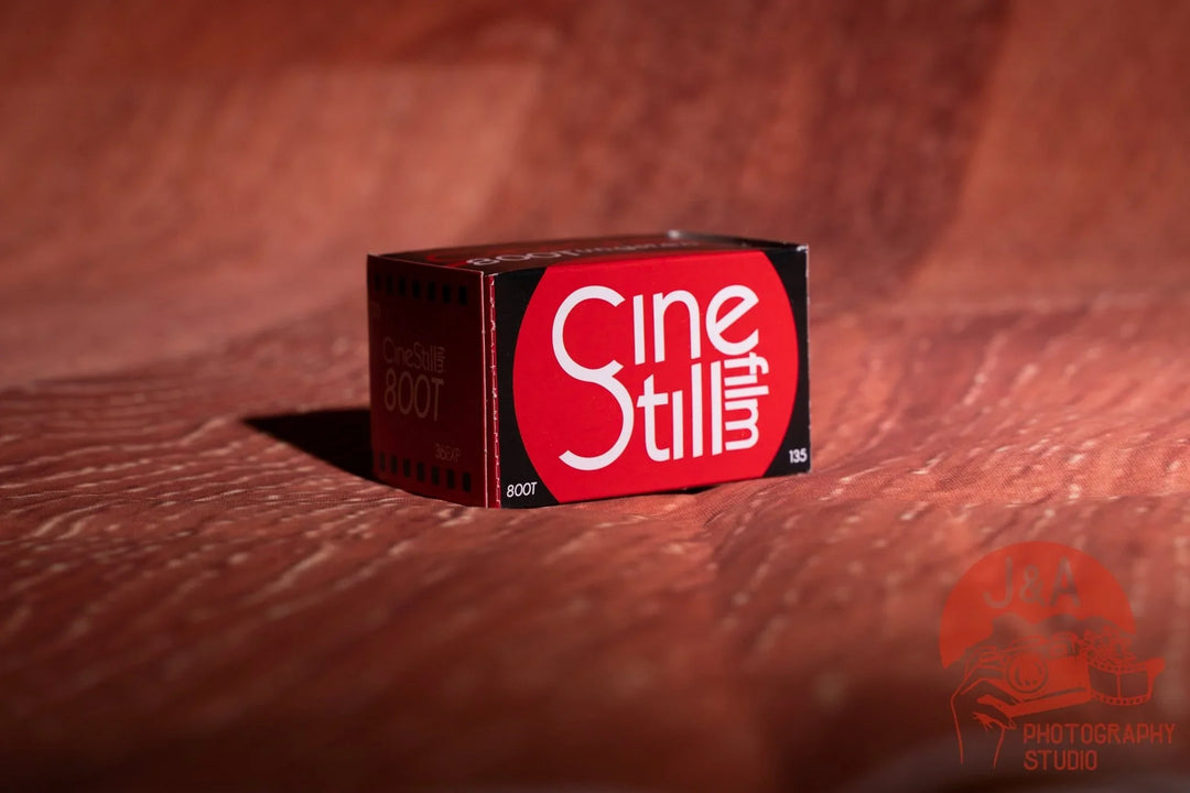 Cinestill 800T 35mm film roll, tungsten-balanced colour negative film for low-light and night photography with cinematic tones