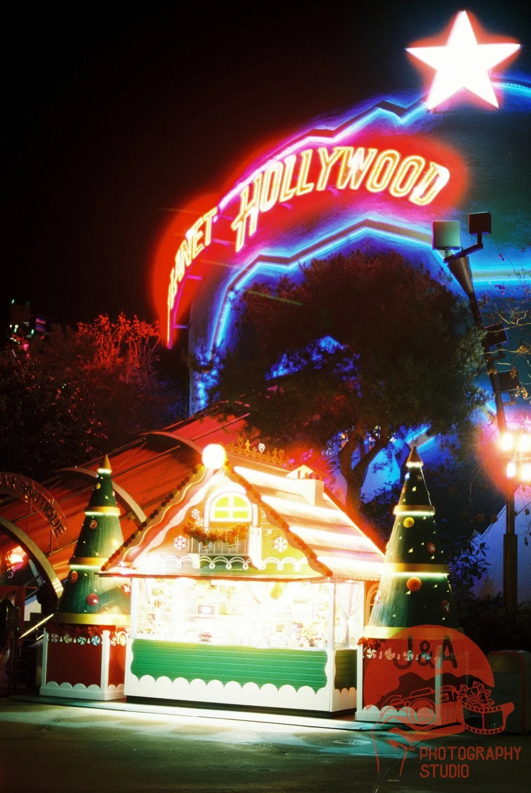 Nighttime urban scene photographed with Cinestill 800T film, rich colours and low-light detail