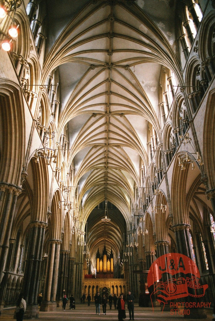 Interior of a church in Lincoln photographed on Fujicolor 400 film, highlighting rich colours, architectural details, and soft tones.