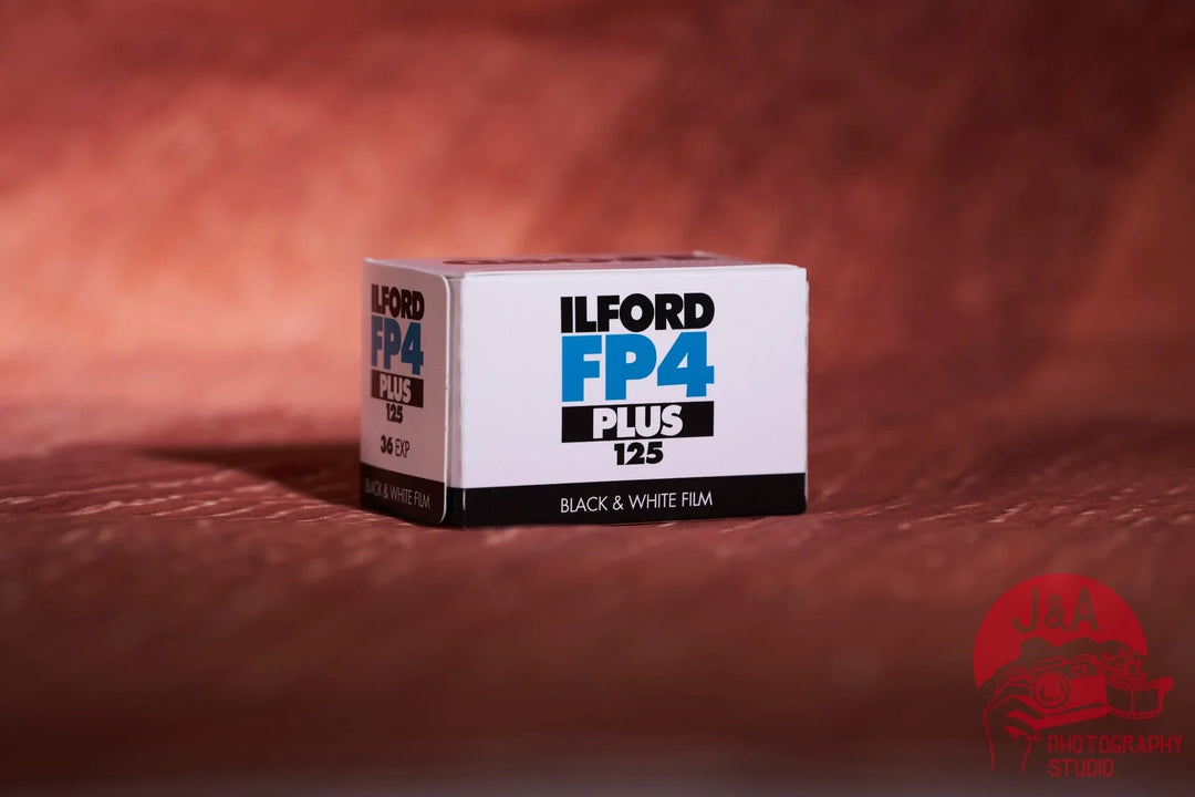 High-quality product image of Ilford FP4 125 35mm film roll, Ilford FP4 Plus black and white film ideal for fine-grain, sharp, and classic photography.