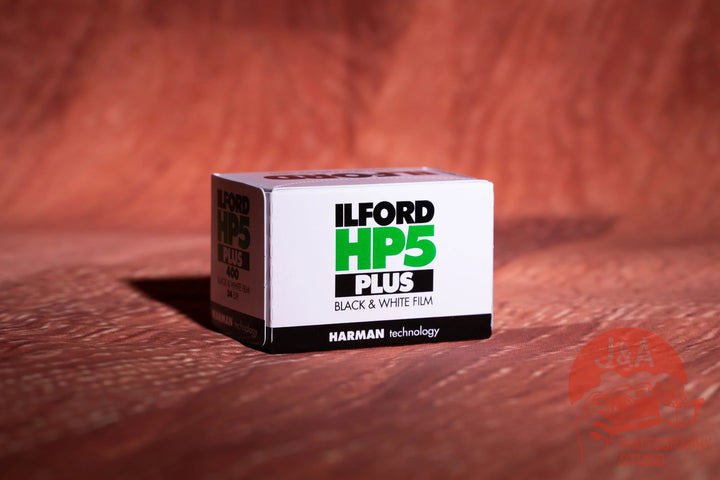 High-quality product image of Ilford HP5 Plus 400 35mm film roll, black and white high-speed film ideal for fine grain, wide tonal range, and low-light photography.