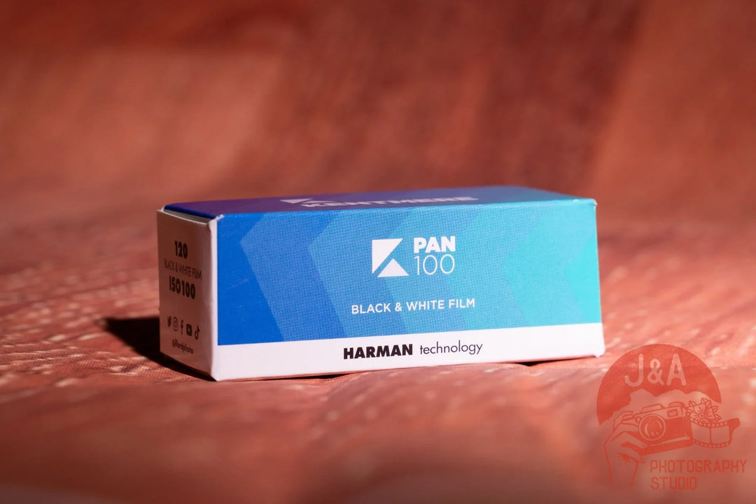 Kentmere Pan100 120 roll film for medium format black and white photography with fine grain and rich tonal range