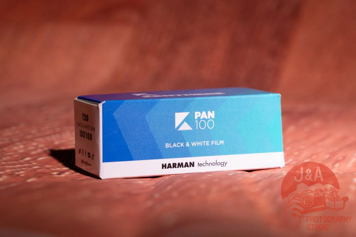 Kentmere Pan100 120 roll film for medium format black and white photography with fine grain and rich tonal range