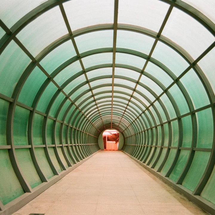 Underwater tunnel at an aquarium shot on Kodak Professional Portra 400 film, showing vivid hues, balanced contrast, and excellent low-light performance.