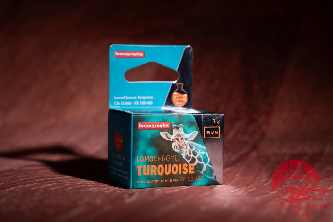Lomography Lomochrome Turquoise 35mm film roll for creative colour-shift effects, ideal for experimental photographers seeking vivid turquoise tones.